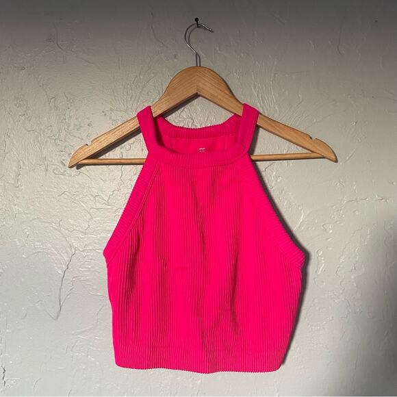 Aerie Workout Halter Ribbed Soft Neon Barbie Pink Crop Tank Top Build in Bra XL - Picture 2 of 8